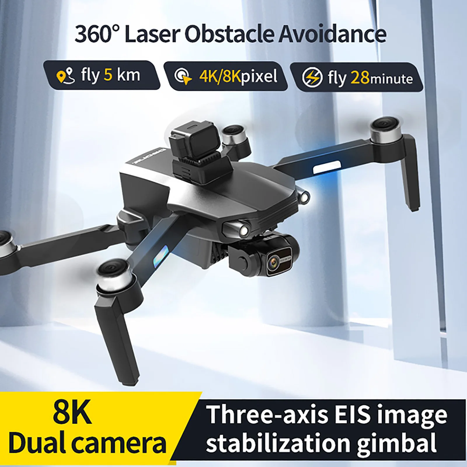 

360° Laser Obstacle Avoidance Drone 8K Dual Camera Three-axis EIS Image Stabilization Gimbal