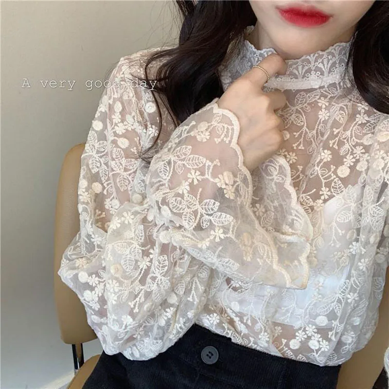 

Embroidery Chiffon Blouses New Fall Lace Petal Long Sleeve Turtleneck Half See Through Shirts Women Big Size Tops Blusas Mujer