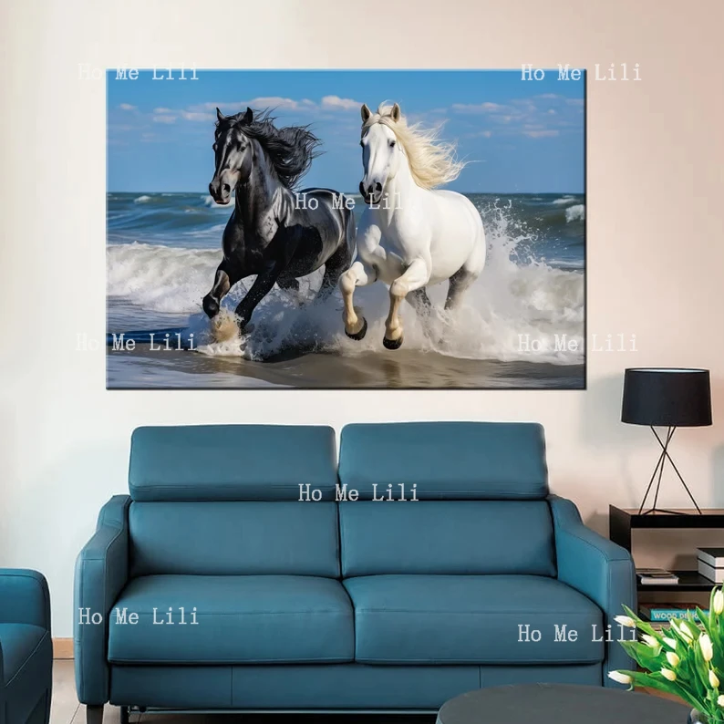 Лошадь Пара Холст Белые Черные Лошади Любов Картина Принт Животные Настенный