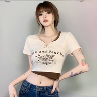 weekeep american retro print contrast color fake two piece pin short sleeve t shirt womens high waist navel revealing collarbon