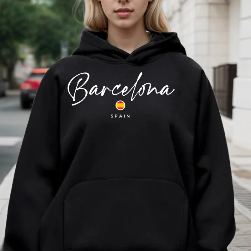 Retro Mens Hoodies Barcelona Espana Tee - Street O Neck long Sleeve Casual Christmas