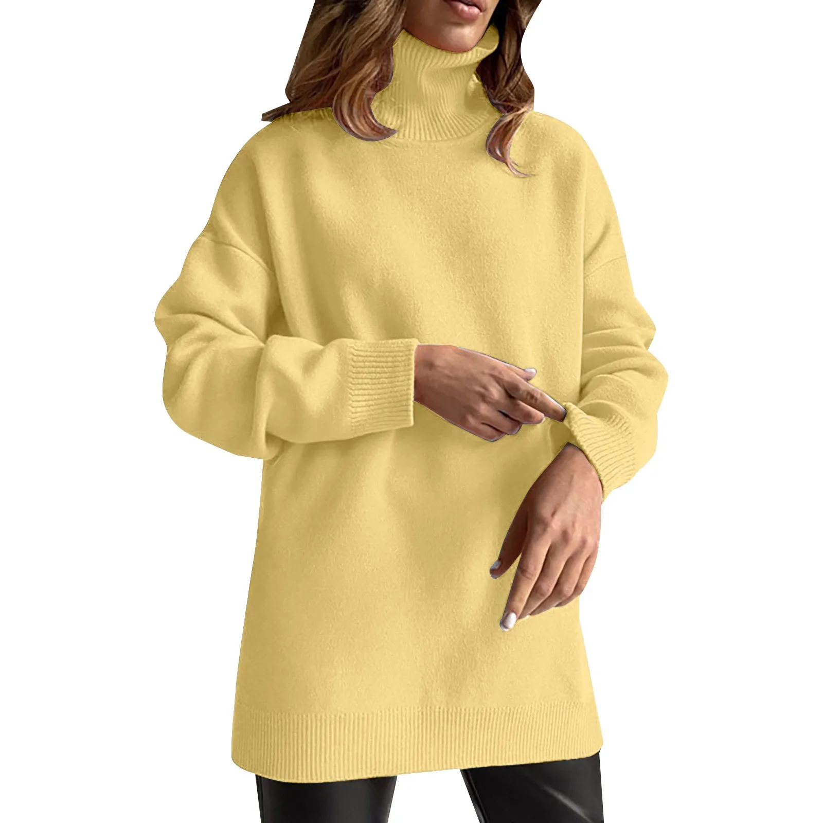 

Women's Fall And Winter Turtleneck Loose Casual Split Knit Simple Sweaters for Women