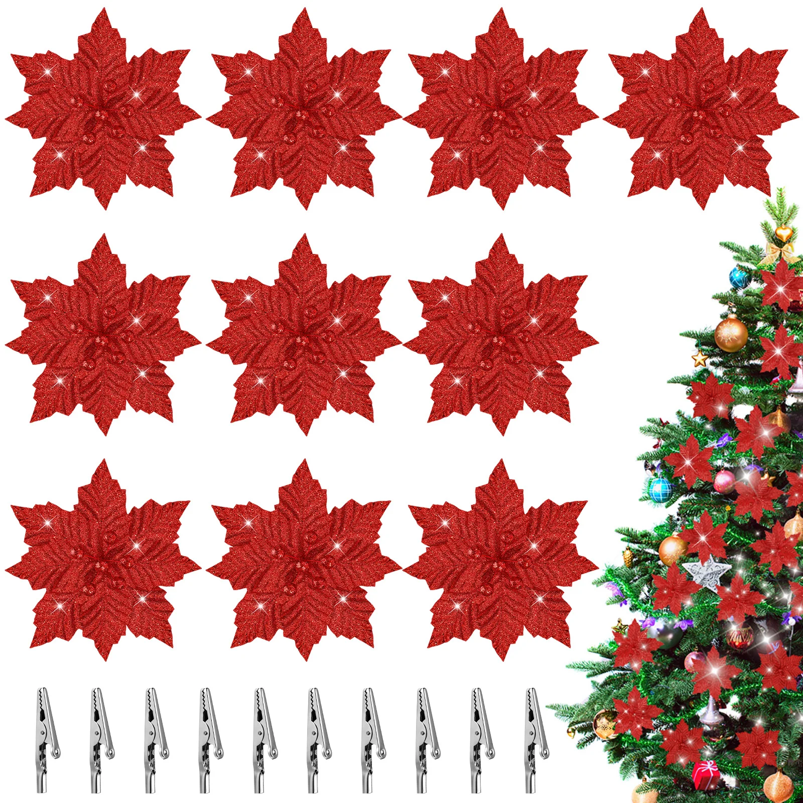 

Christmas Flowers Poinsettia Treeartificial Decorations Clips Xmas Flower Ornamentssilver Glitter Ponsietta Faux Poinsetta