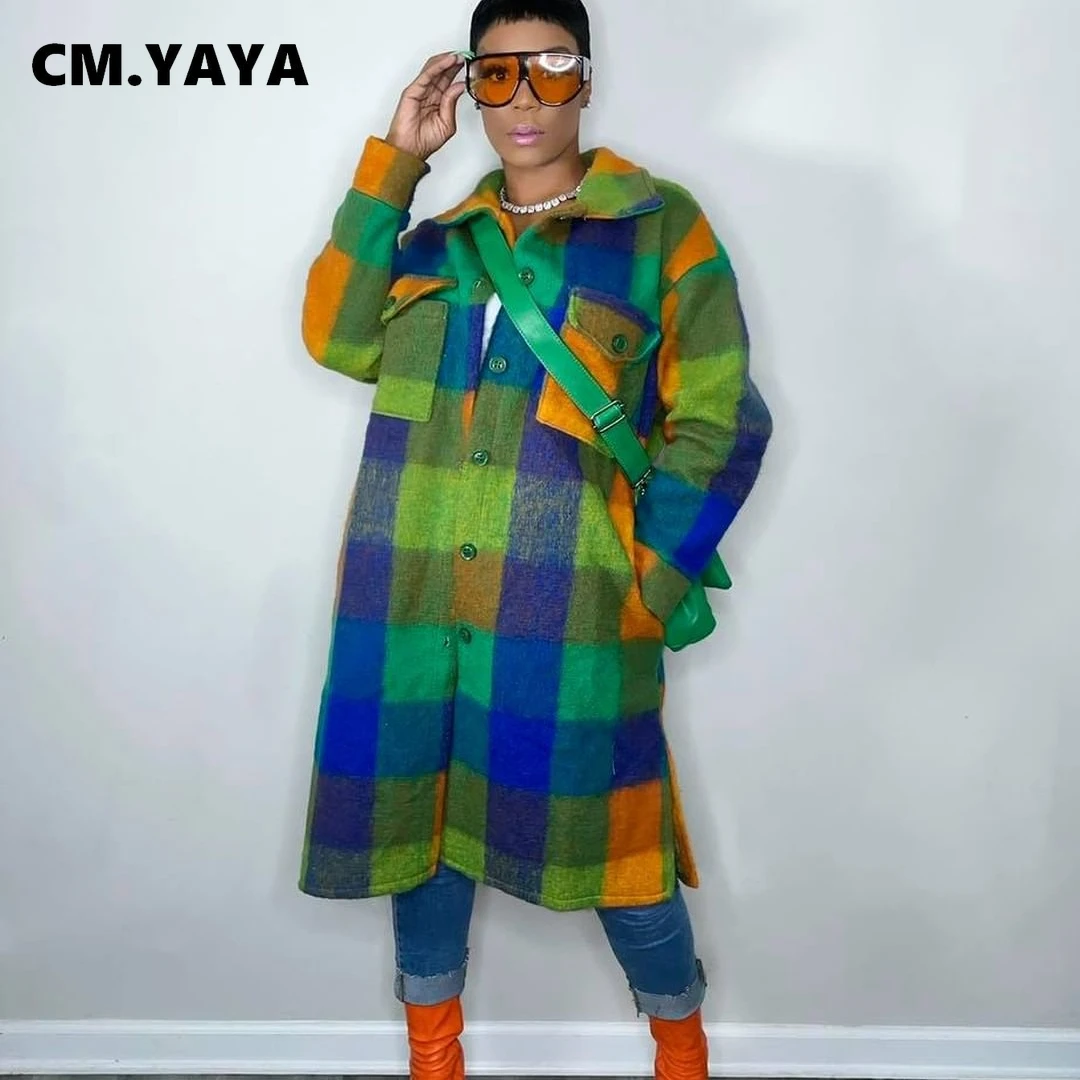 

CM.YAYA Women Plaid Single Breasted Long Sleeve Turn-down Neck Shirt Style Long Wool and Blends Outcoat and Jackets