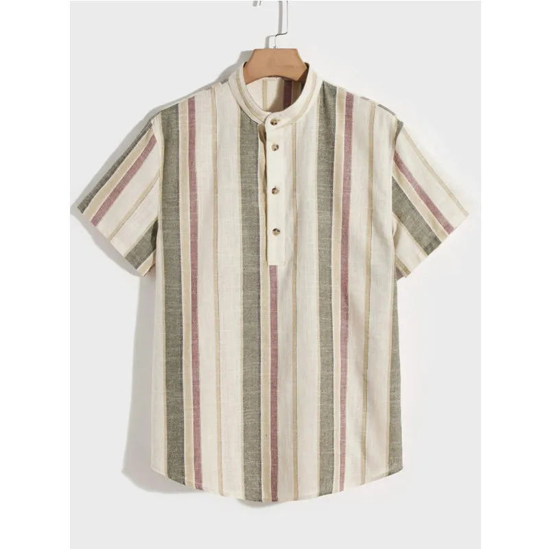 

Горячая Распродажа 2022 Новая летняя Camisa Masculina Повседневная полосатая рубашка с короткими рукавами на пуговицах со стоячим воротником мужска...