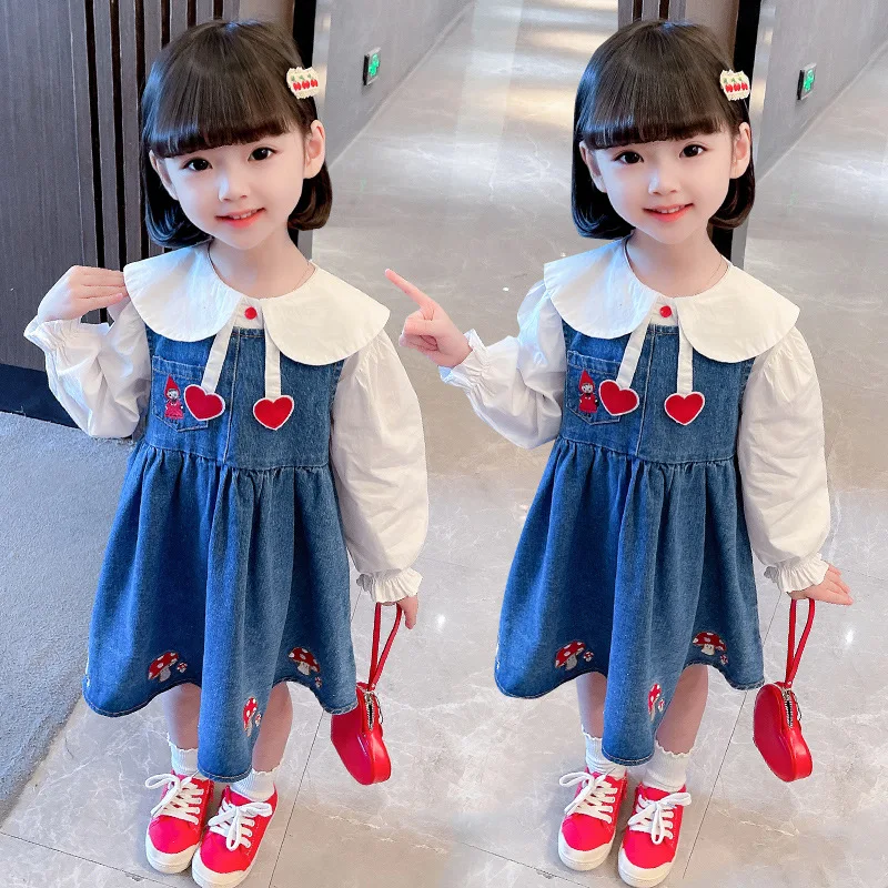 

Costume 2023 Spring Girls Children Clothes Set T-shirt+Jeans Dress Lapel Love 2Pcs Kids Birthday Present Toddler Clothing 2-6Y