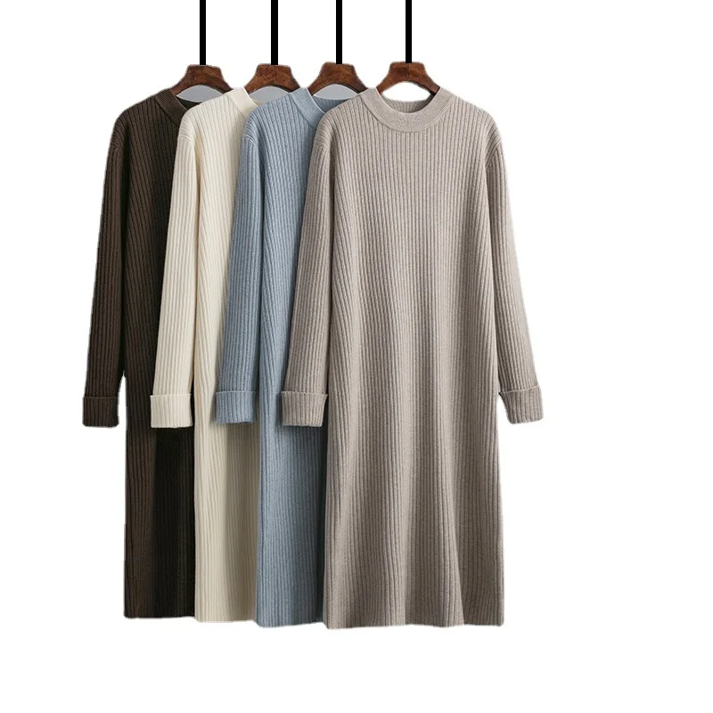 

Women Sweater Dress with Scarf Warm A-line Thick Full Solid Dress Fall Winter Women Long Knit Dress Ribbed Pullover Dresses