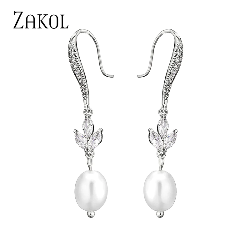 

ZAKOL Simple Marquise Cubic Zirconia White Gold Color Hook Earrings for Women Classic Pearl Bridal Wedding Jewelry EP2726