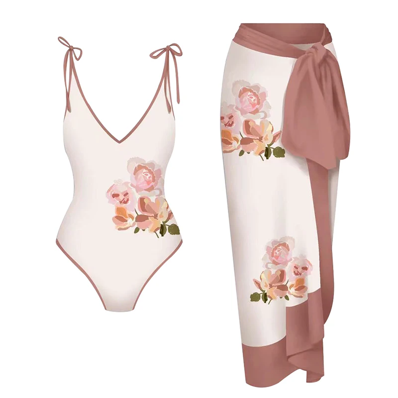 2023 New Lanswe Simple One-Piece Women Swimsuit Print Deep V Bikini Kimono  Fashion Cover-Up Swimwear Summer Beach Wear OP060