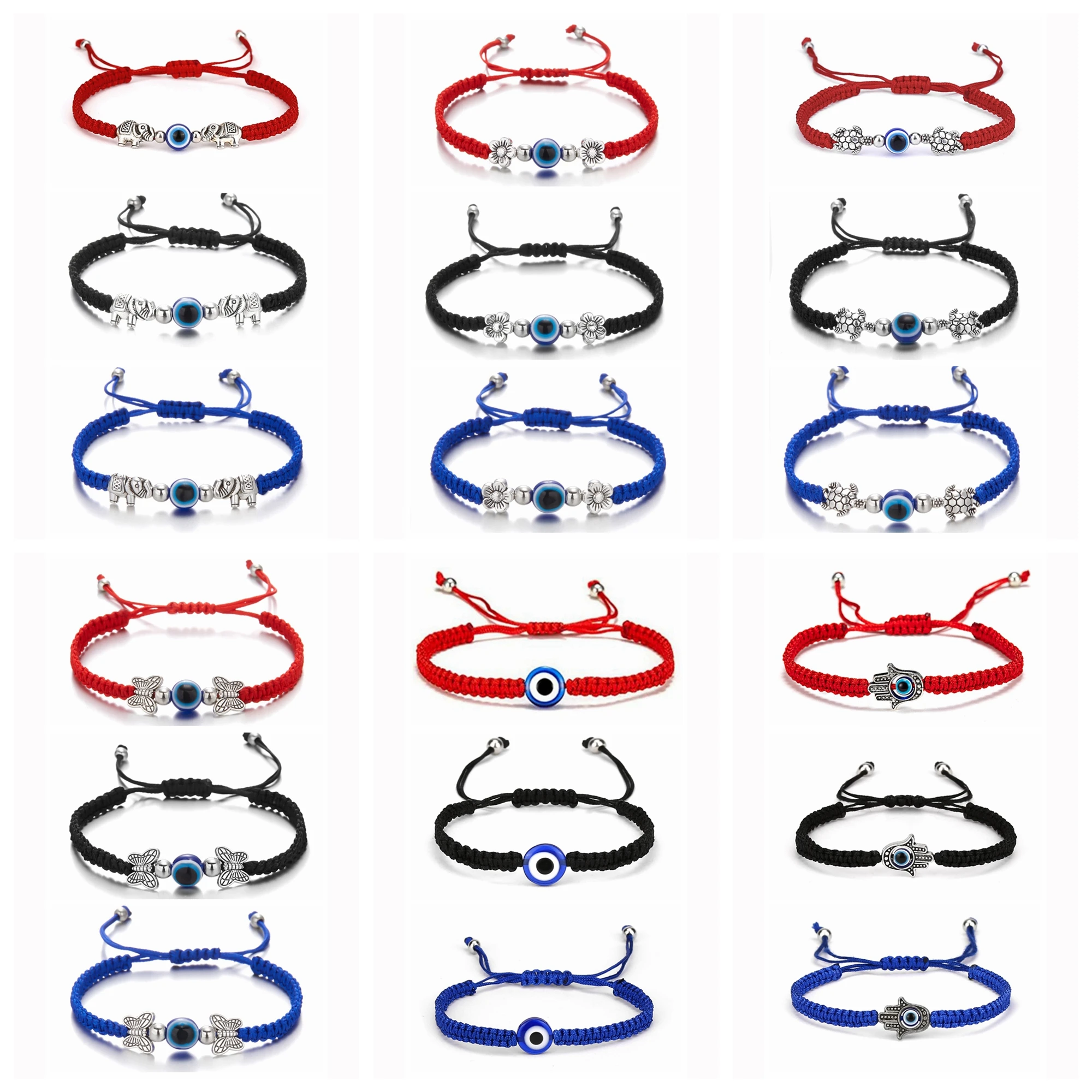 

Evil Eye Bracelets Handmade Adjustable Protection Red Black Blue String Elephant Turtle Beaded Bangle Strand Set for Women Girls