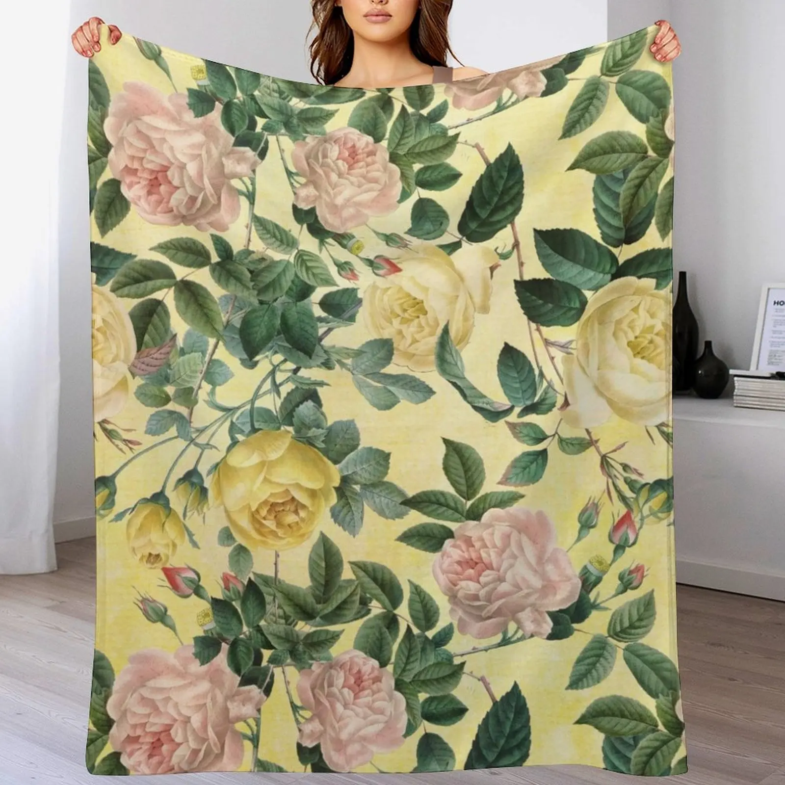 Redouté желтое летнее розовое ботаническое садовое одеяло одеяла и пледы мягкая