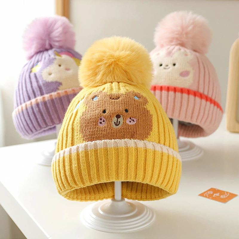 

Cute Dinosaur Knit Baby Hat Winter Pompom Warm Kids Beanie Cap Cartoon Bear Rabbit Dinosaur Toddler Crochet Hats Bonnet
