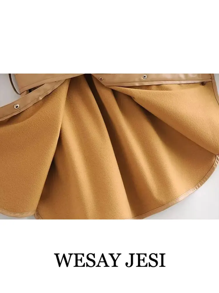 WESAY JESI Autumn Women's Pu Faux Leather Jacket Solid Vintage Button Belt Slim Coat Casual Fashion Female Fleece Warm Outerwear