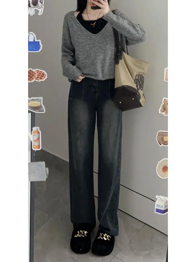 Американский винтажный свитер с v-образным вырезом искусственный из двух