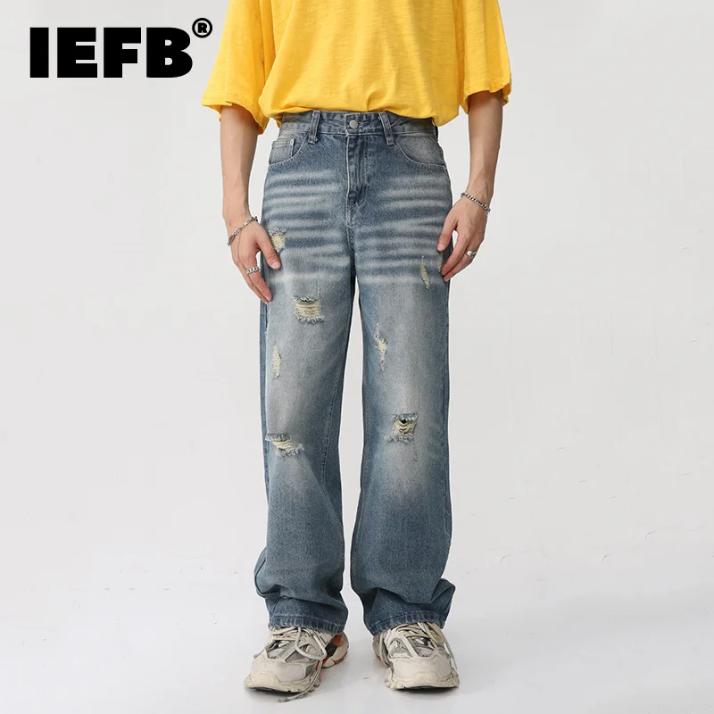 

IEFB Fashion Men's Washed Denim Trousers Vintage Worn Out Loose Straight Jeans Korean Style Street Wide Leg Jean Pants 9A8119