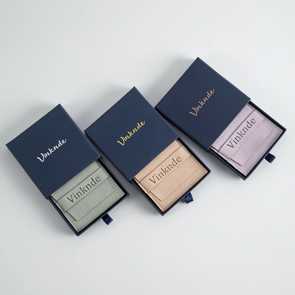 Jewelry Packaging Box Pouches Set Custom Logo 7X7X1.7cm Sliding Drawer Necklace Travel Storage Box Bag Microfiber Suede Gift Bag