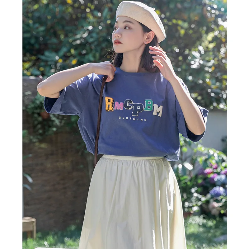 

Foam Printing Color Letter Pullover Round Neck Short-sleeved T-shirt Women's 2022 Summer New Loose Casual All-match Top