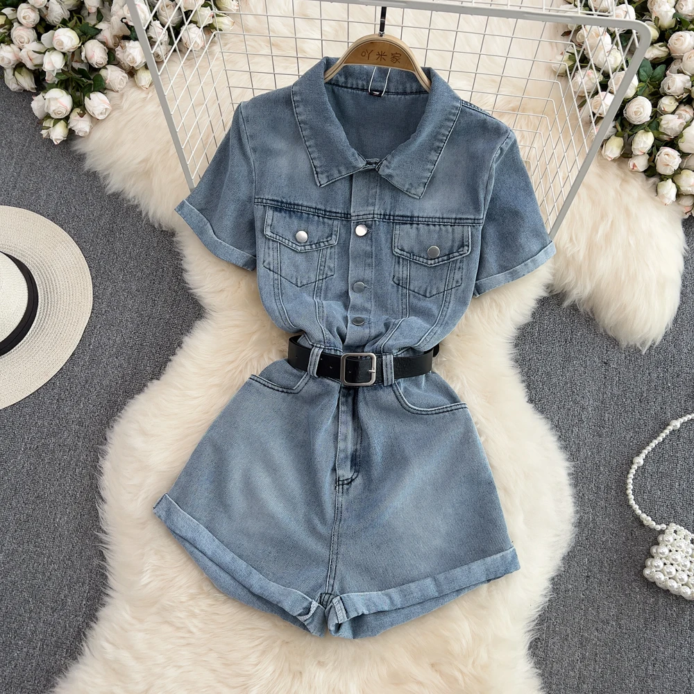 

Летний винтажный однобортный костюм в Корейском стиле с отложным воротником, шорты с высокой талией и приталенными фигурами, джинсовый комбинезон с короткими рукавами