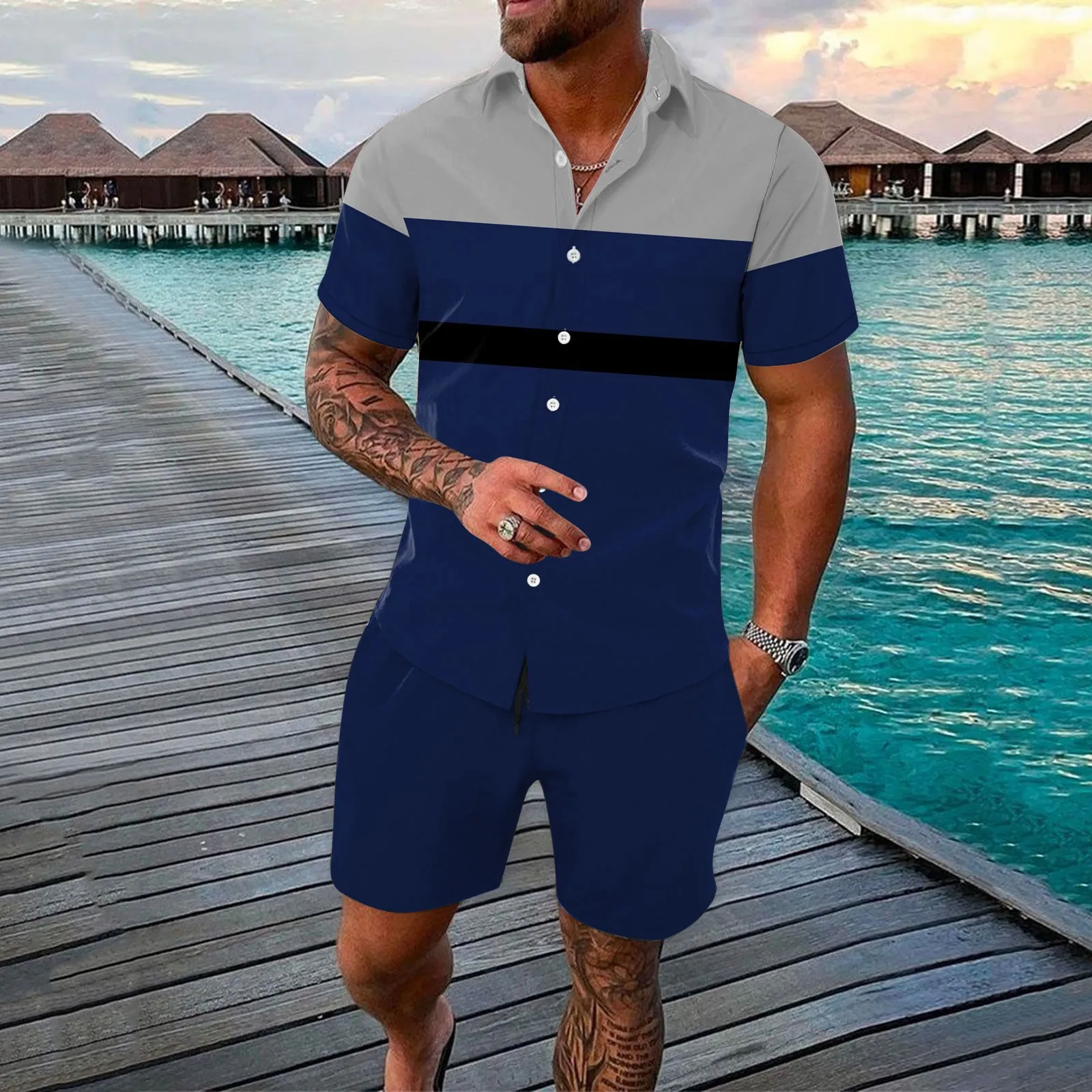 Men 2 Piece Suit Color Block Shirts Solid Color Shorts Male Set Beach Lapel Collar Beachwear Ropa Hombre Outfits Conjuntos New