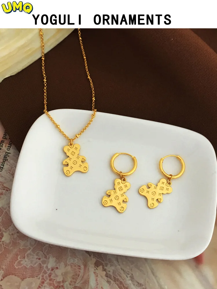 

copper Plated Real Gold Korean Temperament Bear Earrings Personalized Simple Suit Necklace New Jewelry T534 gifts for Women