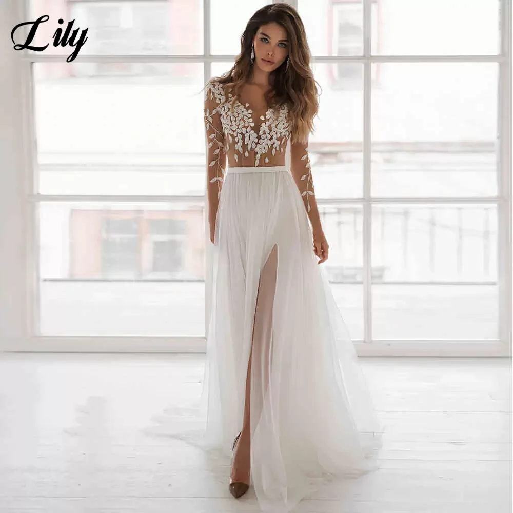 Купи Simple Chiffon Wedding Dresses 2023 Lace Applique O-Neck Button Back Sweep Train A-line Long Sleeve Bridal Gown vestido novia за 5,060 рублей в магазине AliExpress