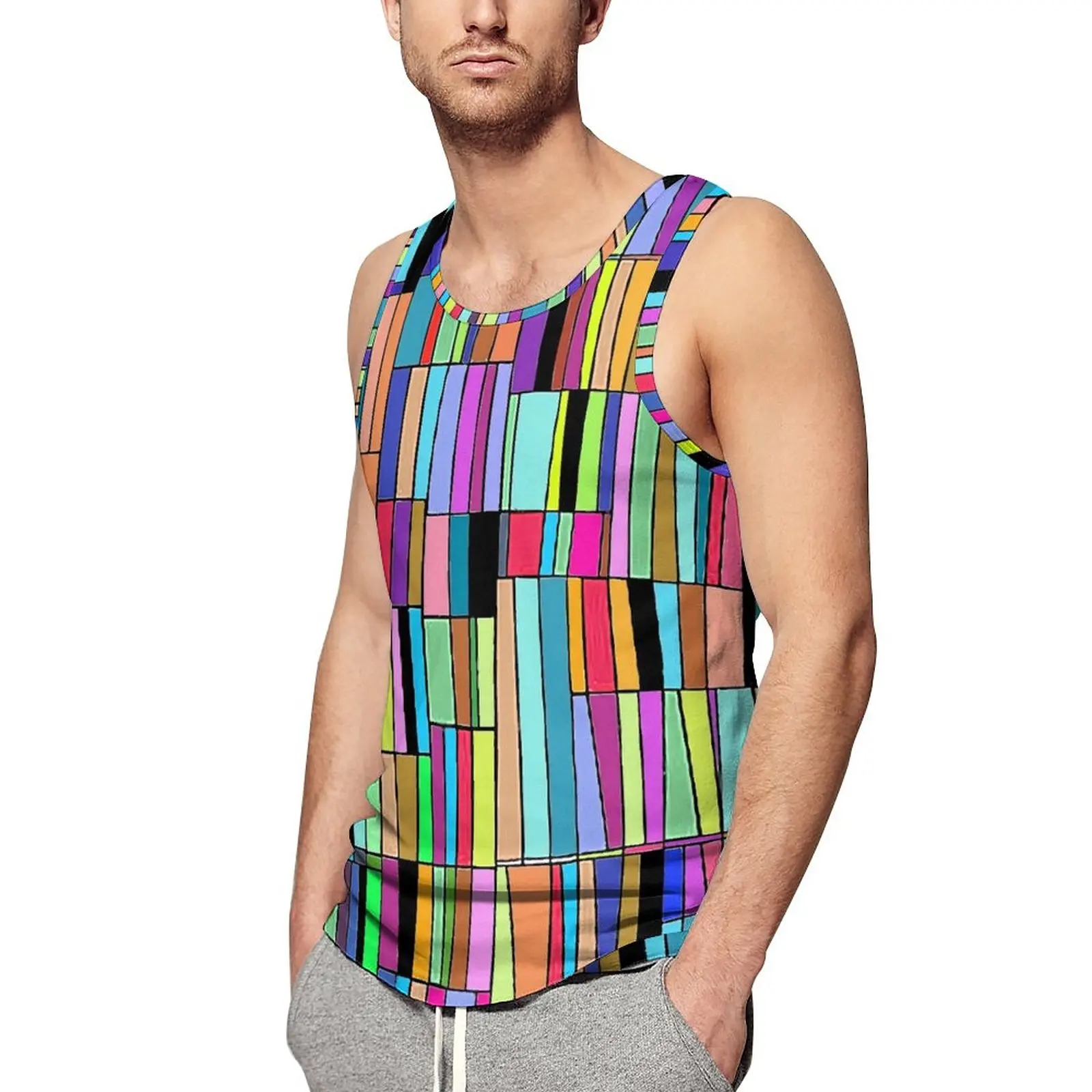

Майка мужская летняя без рукавов, Топ оверсайз с абстрактной книжной полкой, модная рубашка с цветными блоками для бодибилдинга