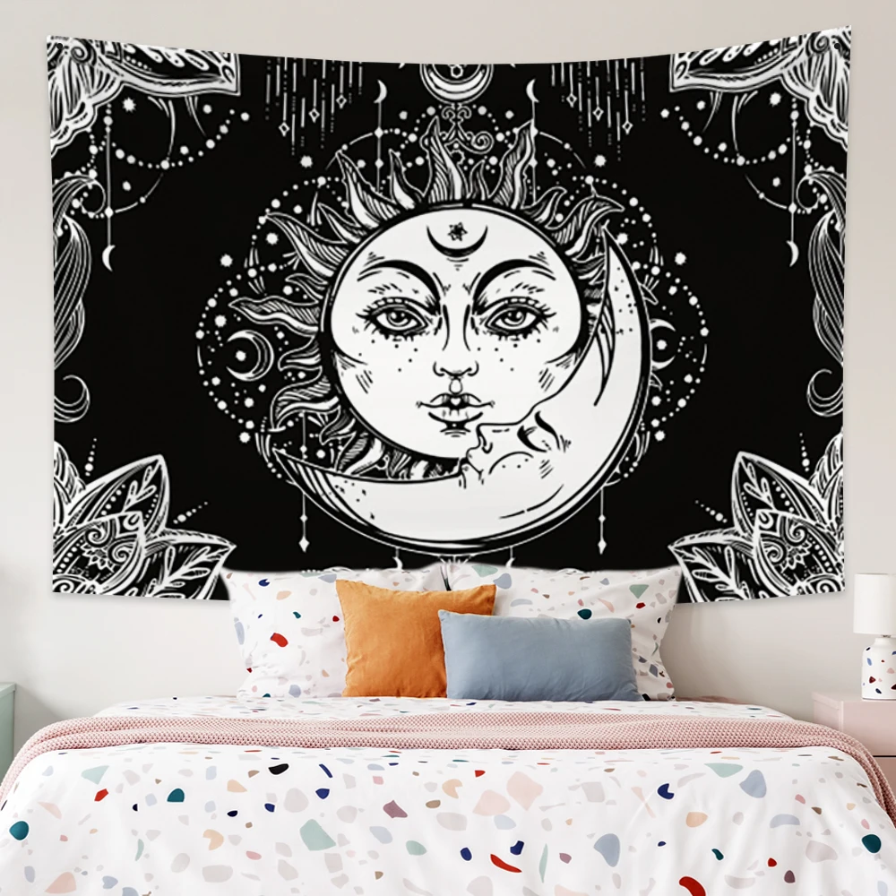 

White Black Sun Moon Mandala Tapestry Wall Hanging Witchcraft Wall Tapestry Hippie Wall Carpets Dorm Decor Psychedelic Tapestry
