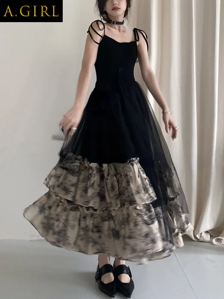 

Plus Size DressFrench Vintage Black Strap Dress Gothic Casual Summer Sleeveless Sexy Retro Midi Dress Slim Korean Style Party D