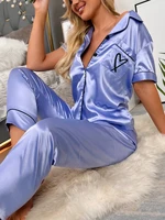 heart embroidery piping trim satin pj set