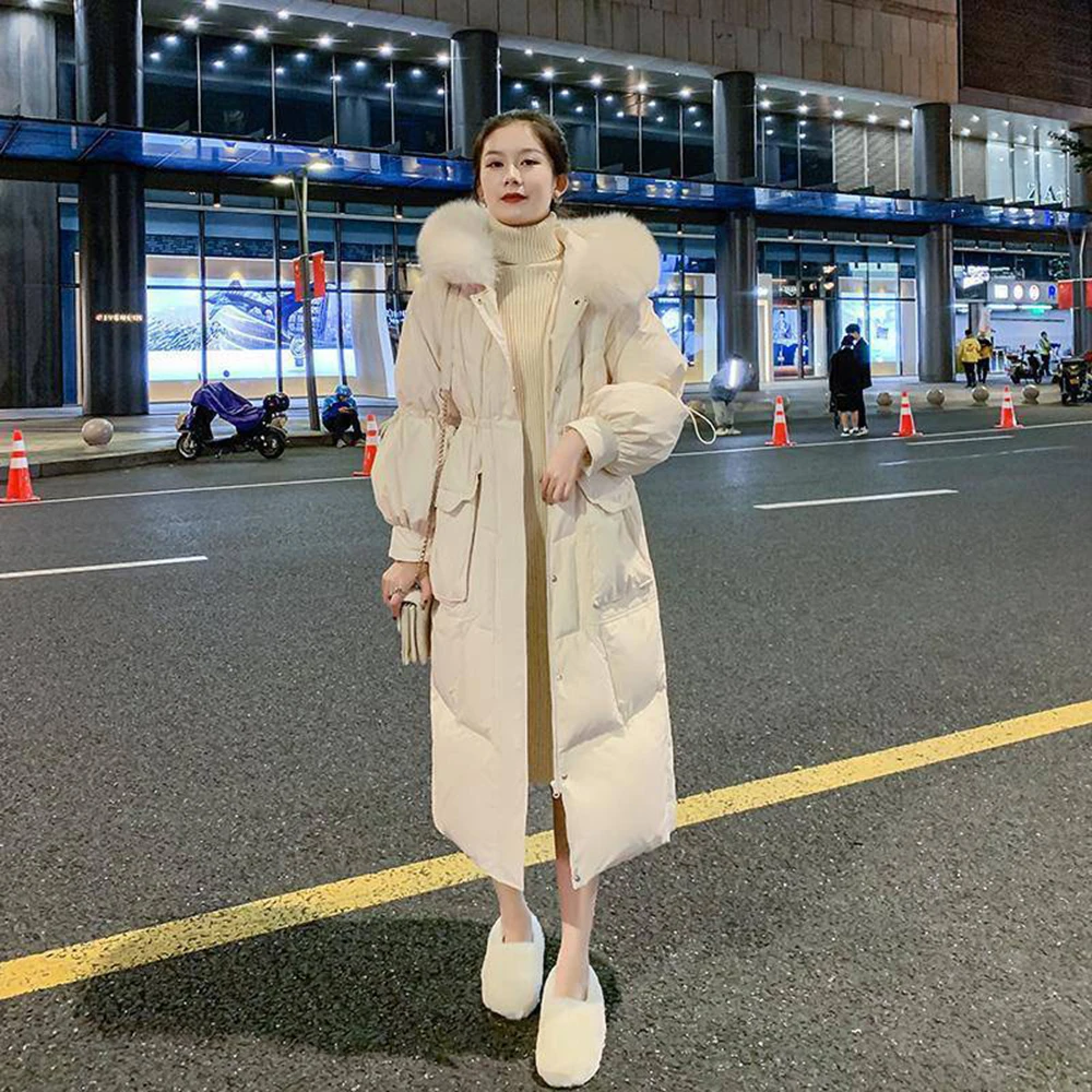 2022 Winter New Women's Thicken Warm Duck Down Coat Medium Long Korean White Loose Beautiful Hoodie Overcoat Hooded Snowwear