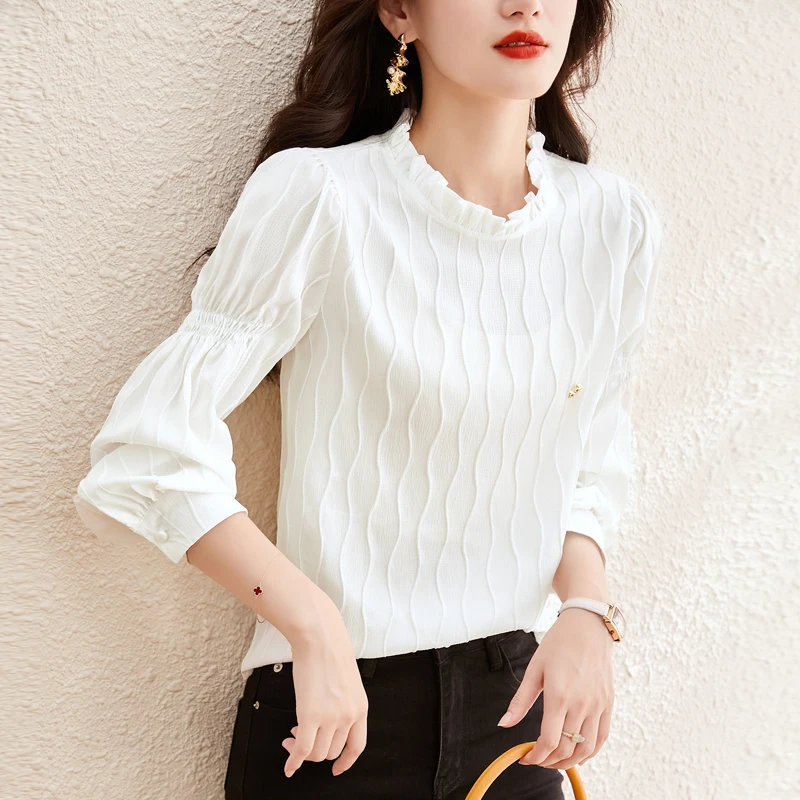 

Early Autumn Wave Design Korean Fashion Women Blouses Ruffles Stand Collar Puff Long Sleeve Tops Ladies Elegant Shirt Blouse