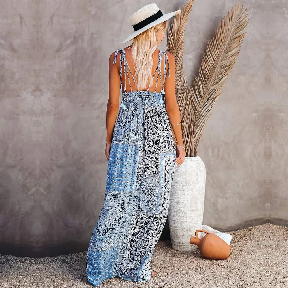 Фото WildPinky Boho платья с цветочным принтом для женщин, повседневное тропическое платье макси с v-образным вырезом и открытой спиной, сексуальный пляжный сарафан без рукавов, Vestidos №5