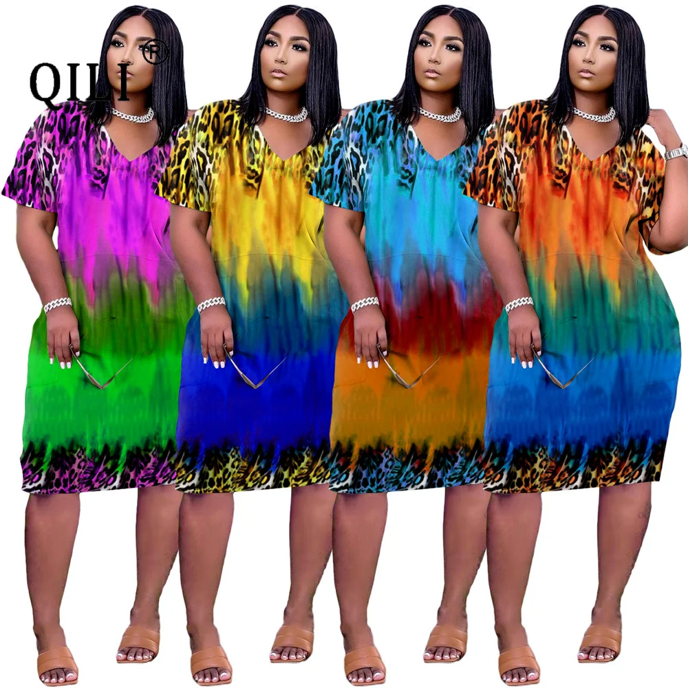 

QILI Women's Leopard Gradient Positioning Print Loose V-Neck Dress Short Sleeve Colorful Casual Straight Dresses