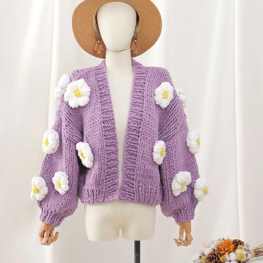 

Winter Fashion Women's Cardigans 2022 Strawberry Pattern Single-Breasted V-Neck Puff Sleeve Loose Sweater