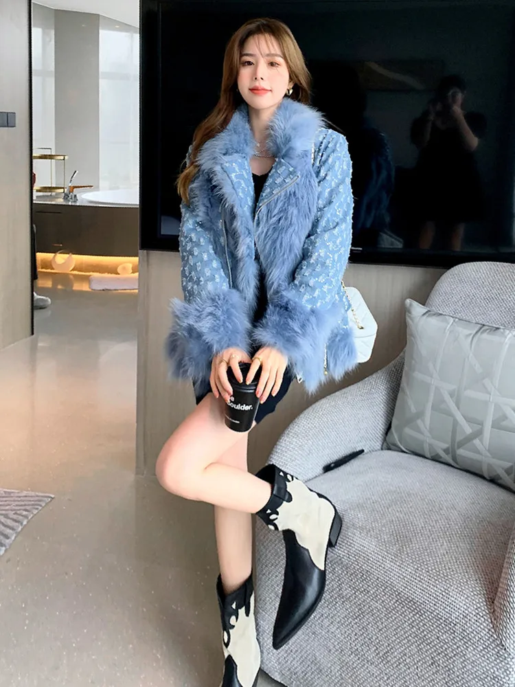 2022 Winter New Faux Fox Fur Denim Splicing Coat Short Thick Warm Cotton-Padded Jacket Korean Style Slimming Fur Coat Parkas