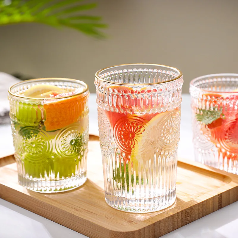 

European Style Retro Sun Flower Glass Embossed Cup Milk Tea Juice Cup Home Water Cup Bar Beer Bar