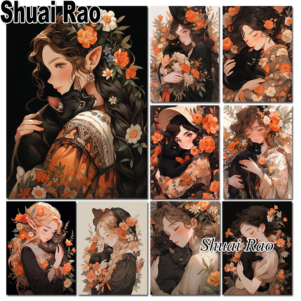 

Алмазная картина с цветами, девушкой и черной кошкой, полноразмерная/круглая Алмазная мозаика, вышивка 5d, Пазл «сделай сам», Хрустальная картина, декор