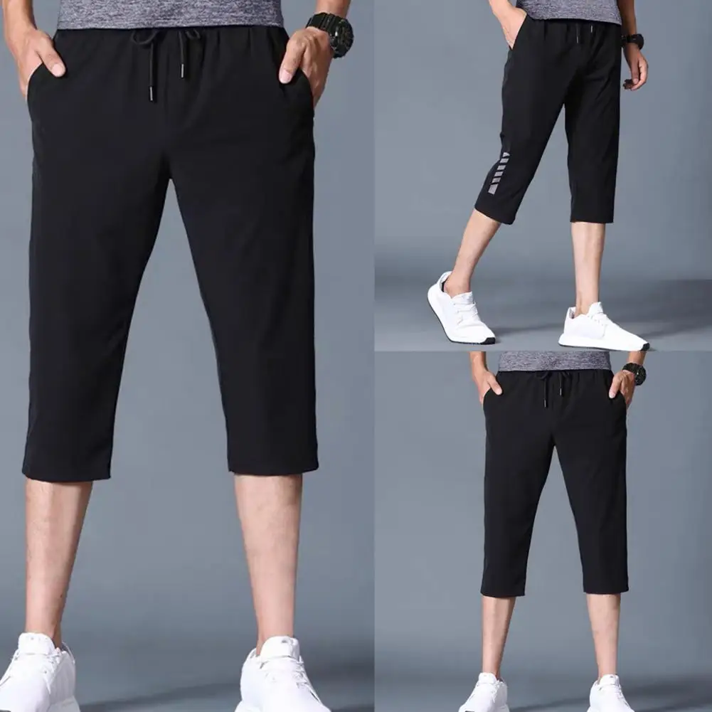 

Stylish Men Capri Pants Men Solid Color Capri Pants Elastic Waistband Summer 3/4 Capri Pants for Summer