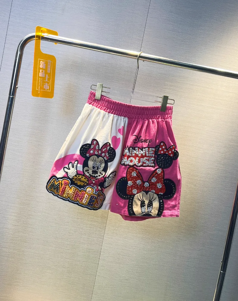 European Style 2023 Summer Fashion Heavy Industry Cartoon Beaded High Waist Shorts Women's Loose Slimming Wide Leg Short Pants