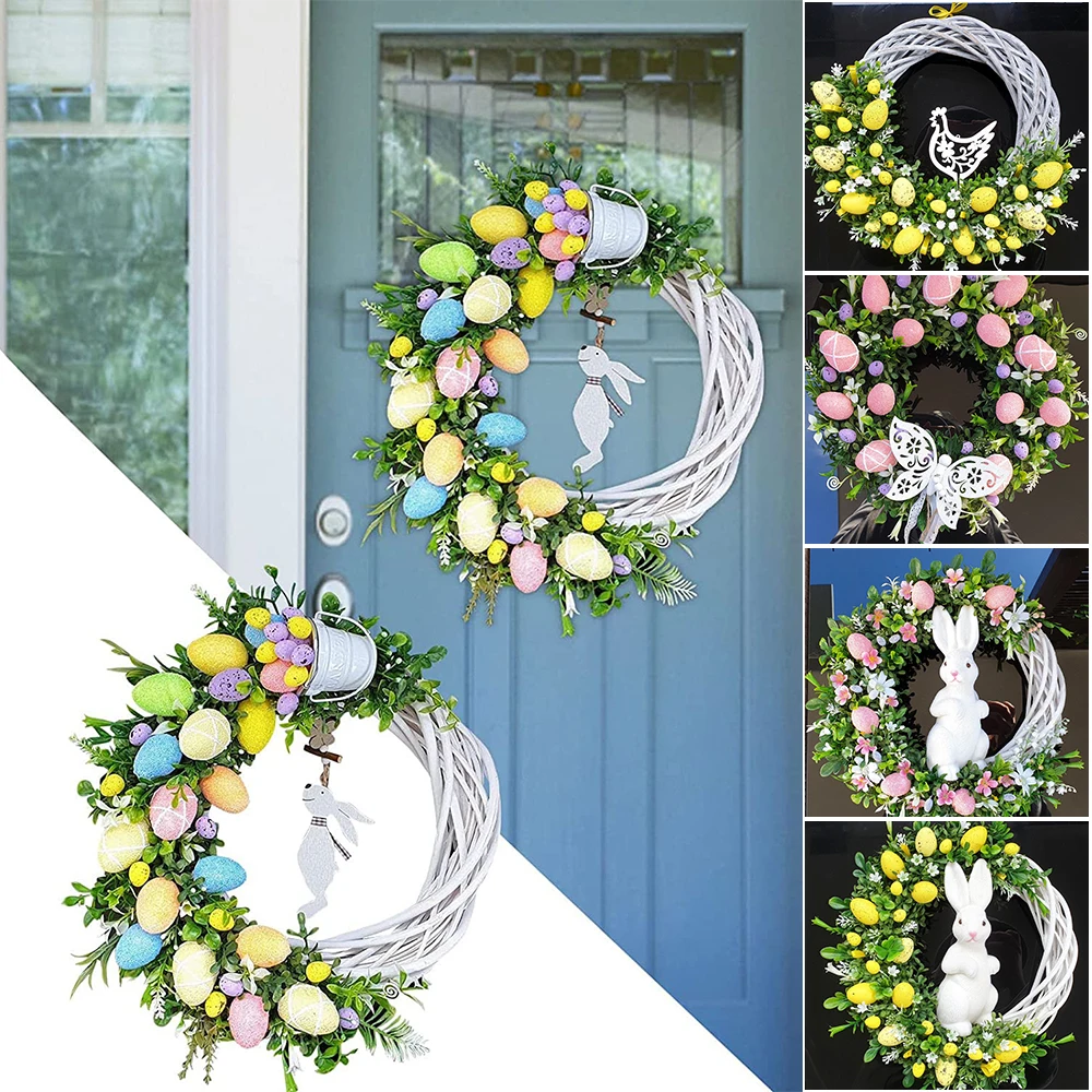 

2D Easter Wreath Door Decor Rabbit Egg Seasonal Spring Garland Ornament Prop Home Decoration Accents for Indoor Outdoor Wall PRE