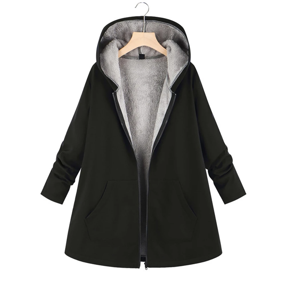 Autumn Winter Women Mid Length Hooded Coat Warmth Long Sleeve Top Jacket Plus Size Fleece Thickened Padded Jacket Loose Leisure