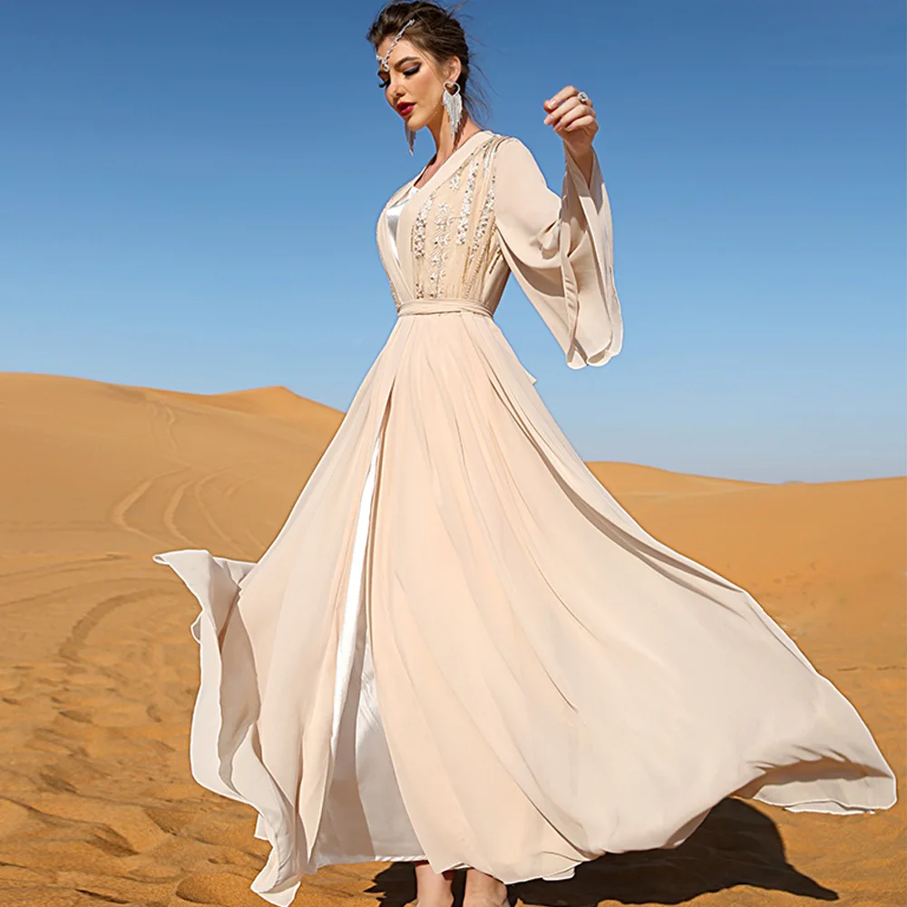 Women's Spring Summer Muslim New Beige Double Embroidery Pearl Chiffon Fashion Dress Travel Party Outer Long Skirt