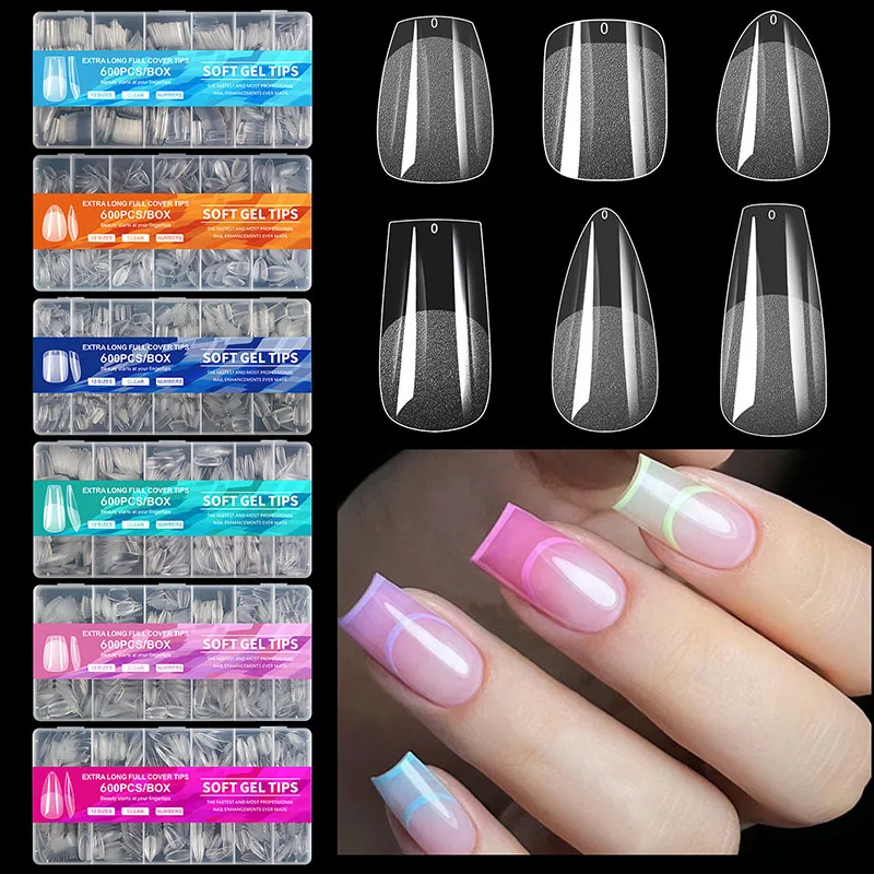 

600Pcs Clear Soft Gel Nail Tips Almond Full Cover Nail Tips False Nail 12 Sizes Fake Nail Tips for Nail Extension Nail Salon DIY