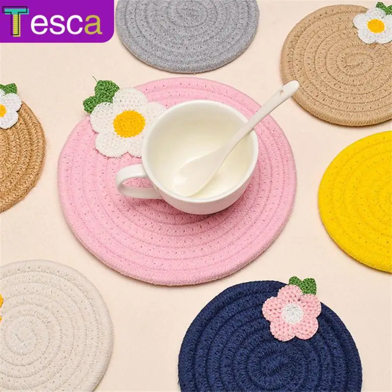 

Cute Small Flower Table Mat Handmade Bowl Mat Insulated Round Cup Mat Cotton Rope Woven Mat Spring Ins Placemat Modern Simple