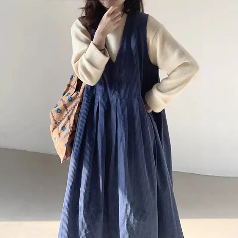 

Korean Chic Autumn French Sle Retro round Neck Loose Long Sleeve Sweater V-neck Pleated Design Vest Dress for Women
