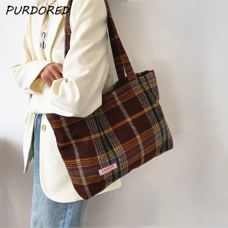 

PURDORED 1 Pc Korean Style Women Tote Bag Lattice Mini Shopping Handbag Outdoor Casual Lunch Bag for Office Lady Shopping Bag