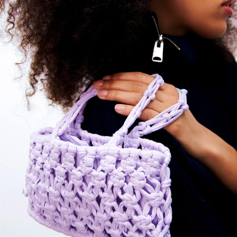 

Mini Designer Woven Bags for Women 2022 Candy Color Rope Crochet Women's Handbags Hollow Knitting Tote Female Square Clutch Chic