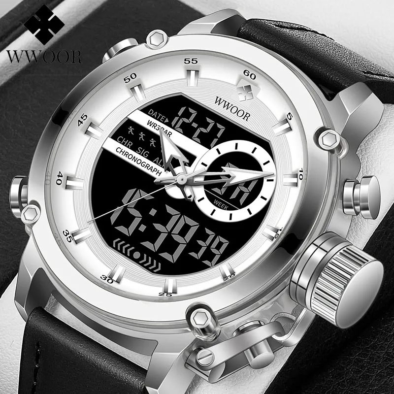 

WWOOR Automatic Watch Men's Military Sport WristWatch Silver Quartz Waterproof Dual Display Male Clock Watches Relogio Masculino