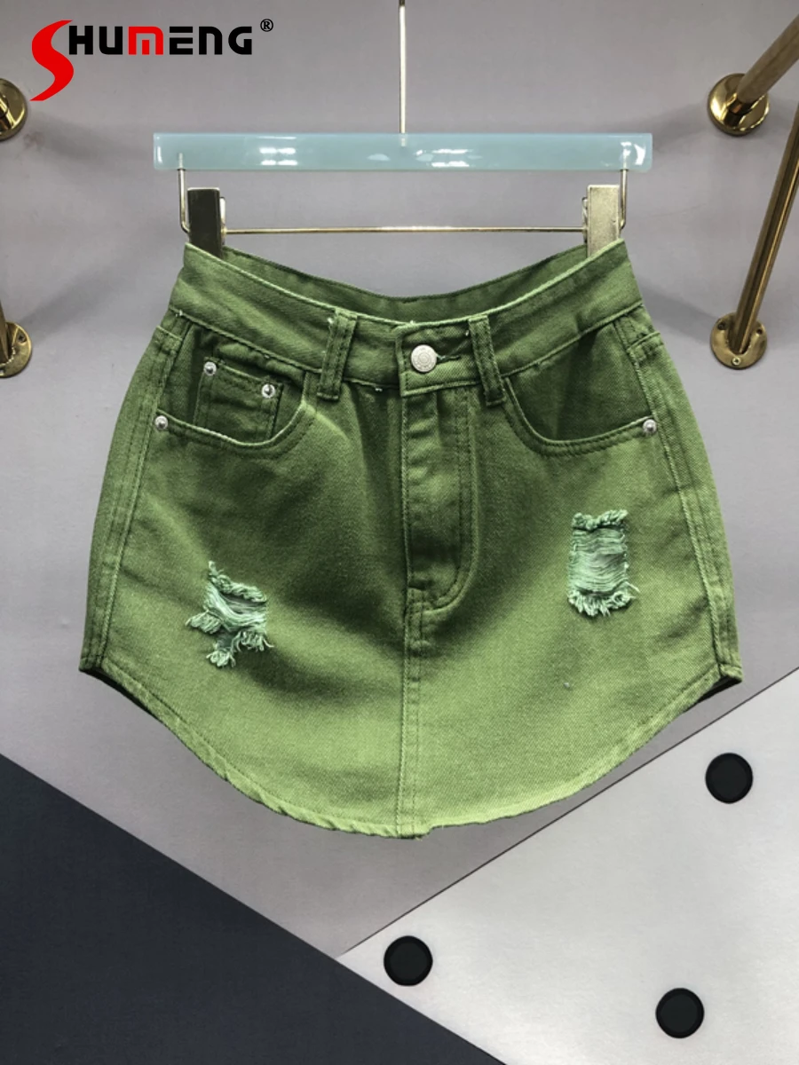 

Уличная джинсовая юбка армейского зеленого цвета, Новинка весна-лето 2022, универсальная облегающая мини-юбка с завышенной талией в стиле High ...