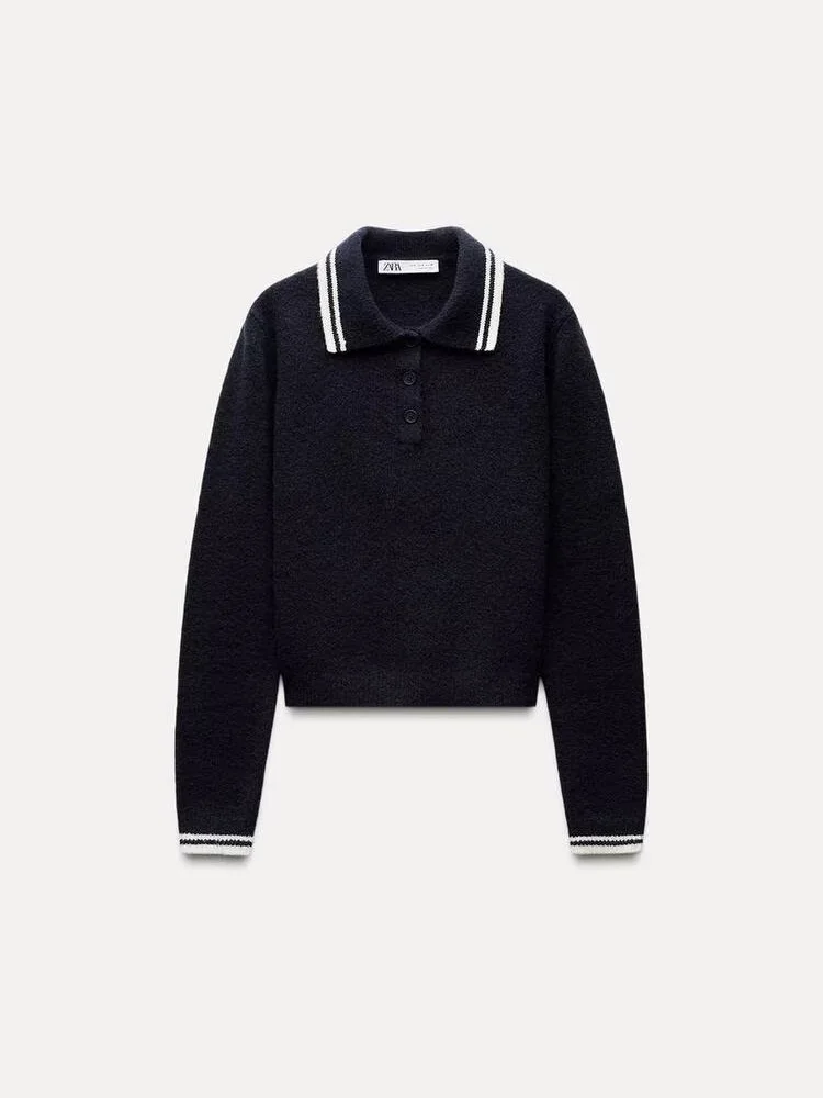 Новинка 2024 осенне-зимний женский короткий пуловер с воротником-поло вязаный